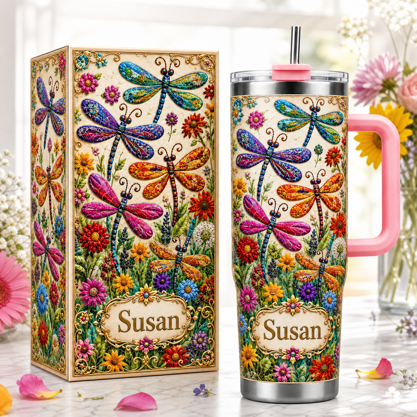 Personalized Dragonfly Tumbler– Custom Name Wildflower Cup for Her