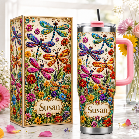 Personalized Dragonfly Tumbler– Custom Name Wildflower Cup for Her