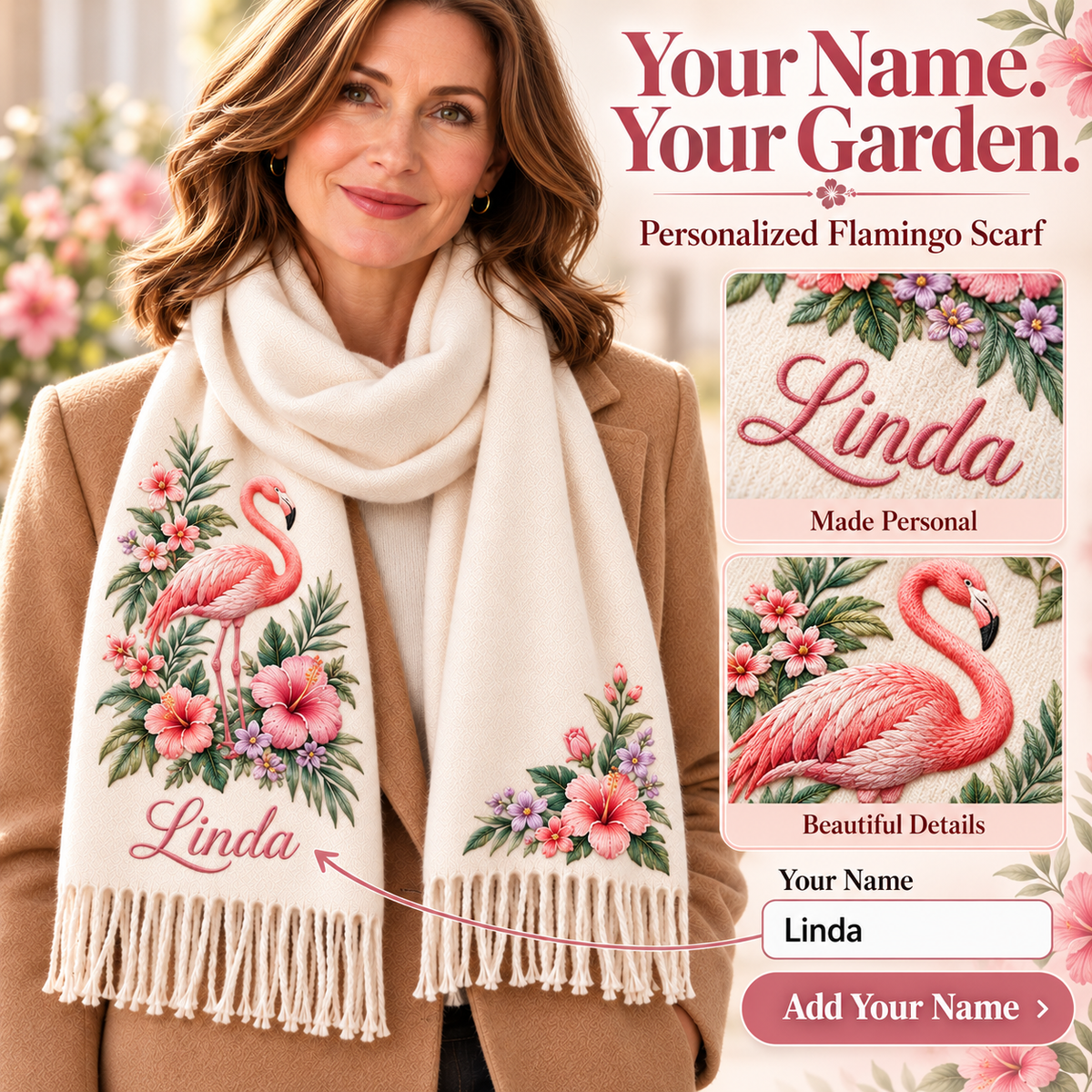 🌸 Personalized Garden Animal Scarf – Your Name, Your Nature