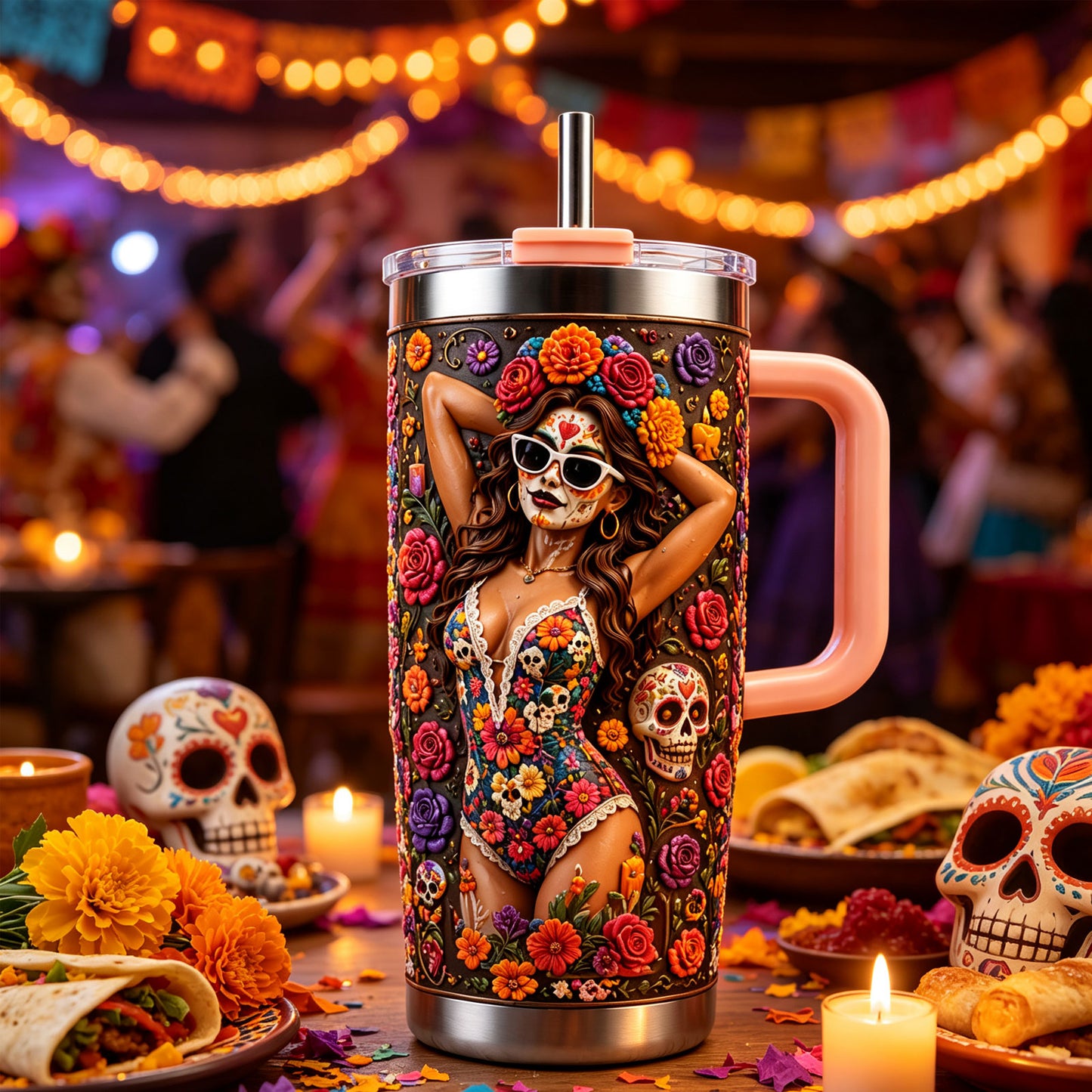 💀Personalized Sugar Skull Sex Women 40oz Handle Tumbler💀🌺