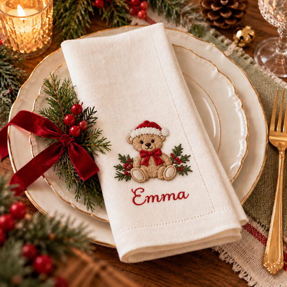 🎄 Personalized Christmas Embroidered Linen Napkin — A Place Just for You
