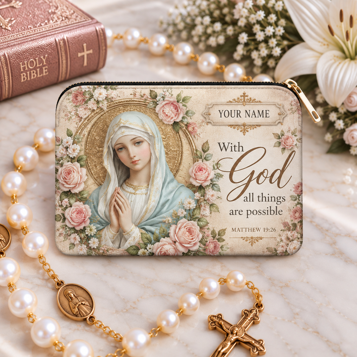 💙 Personalized Virgin Mary Zipper Pouch – A Meaningful Faith Gift for Her