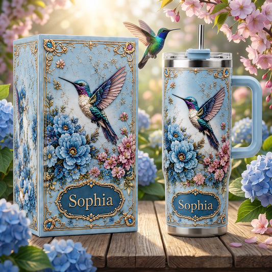 Personalized Hummingbird Tumbler – Custom Name Floral Gift Cup for Her
