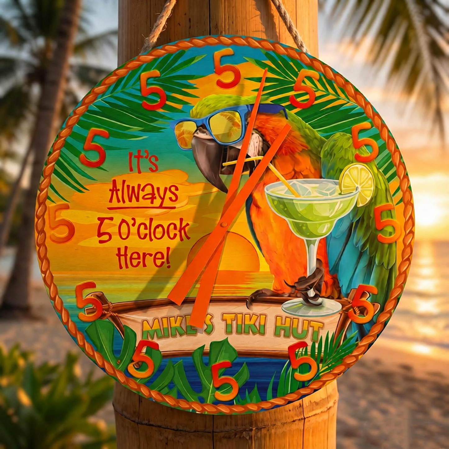 Personalized Handmade Beach Bar Parrot Clock: It's Aways 5 0'clock Here!