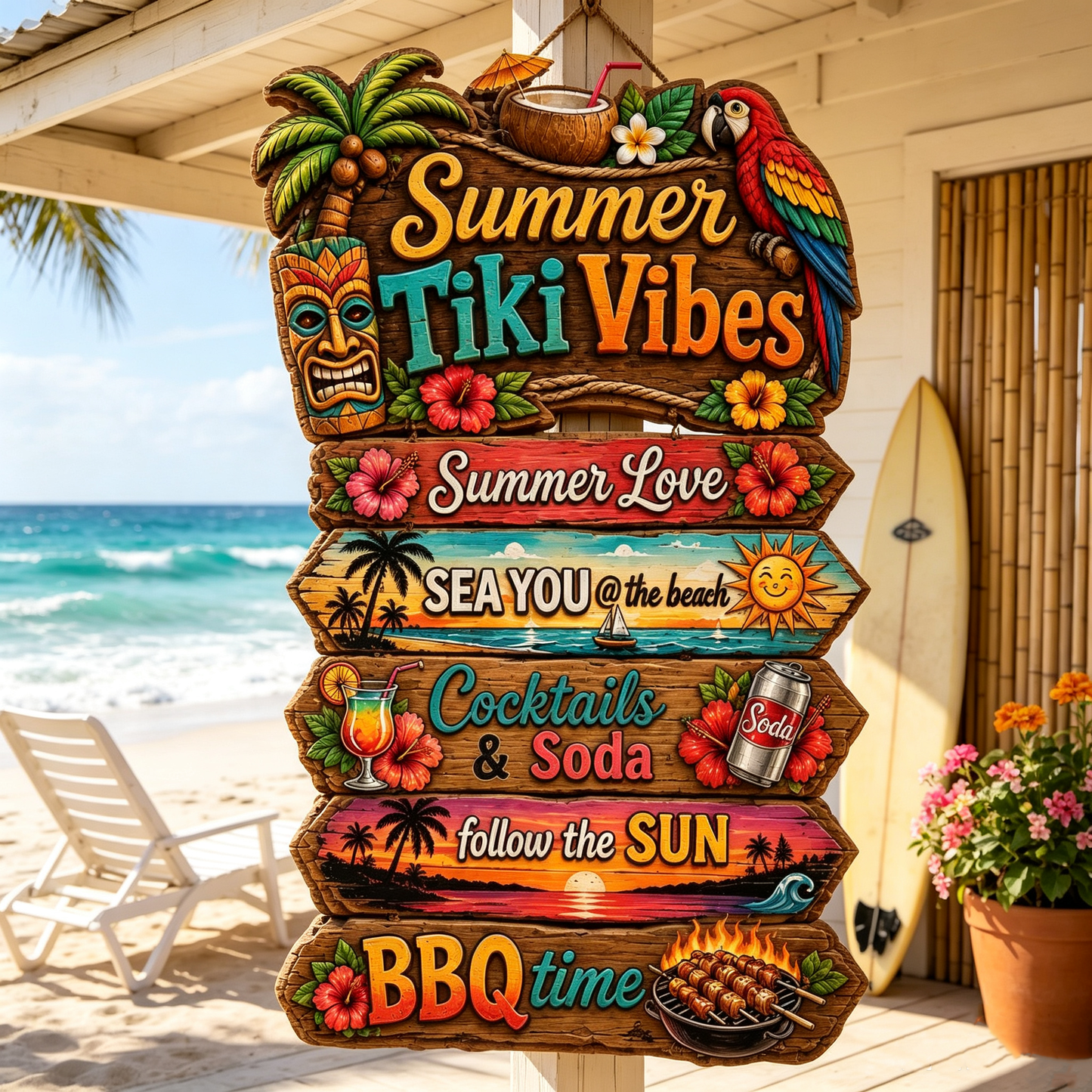 Summer Tiki Vibes Directional Sign Tropical Beach Party Wooden Decor