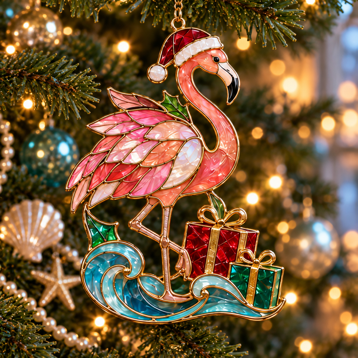 🦩 Coastal Christmas Flamingo Ornaments – Vintage Stained-Glass Style🎄