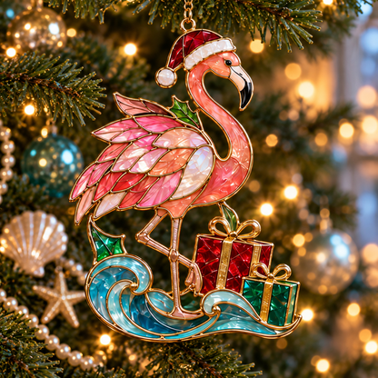 🦩 Coastal Christmas Flamingo Ornaments – Vintage Stained-Glass Style🎄