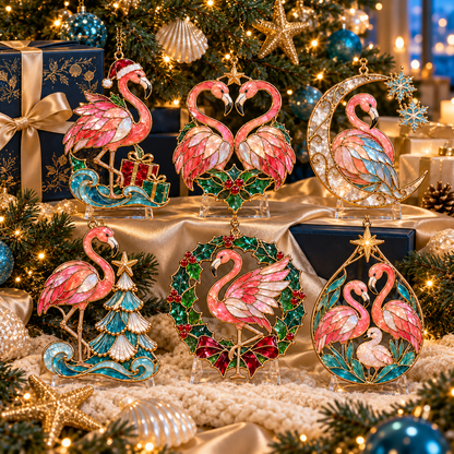 🦩 Coastal Christmas Flamingo Ornaments – Vintage Stained-Glass Style🎄