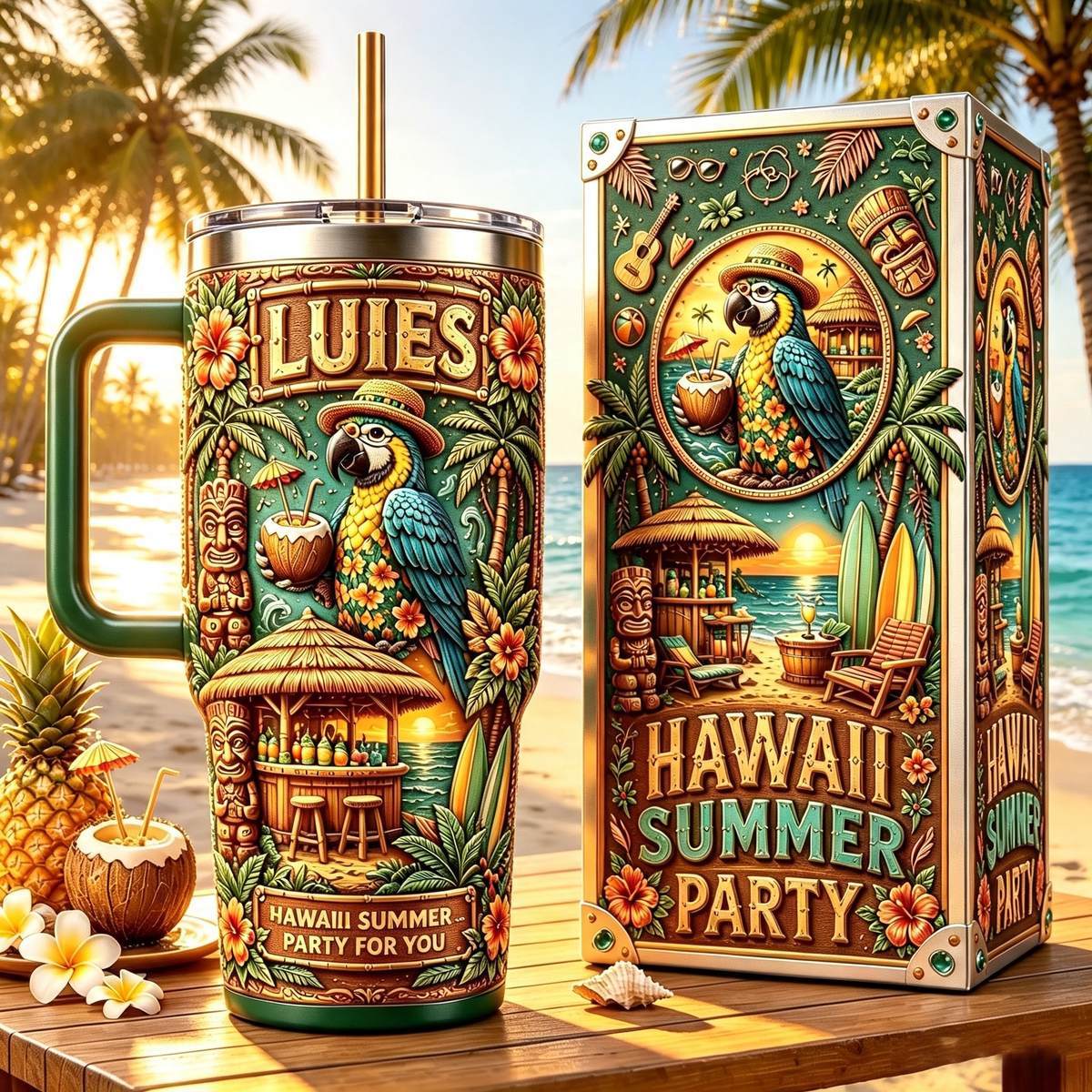 🏖️Personalized Hawaii Summer Life Tropical Parrot Beach 40oz Handle Tumbler🌴🌊