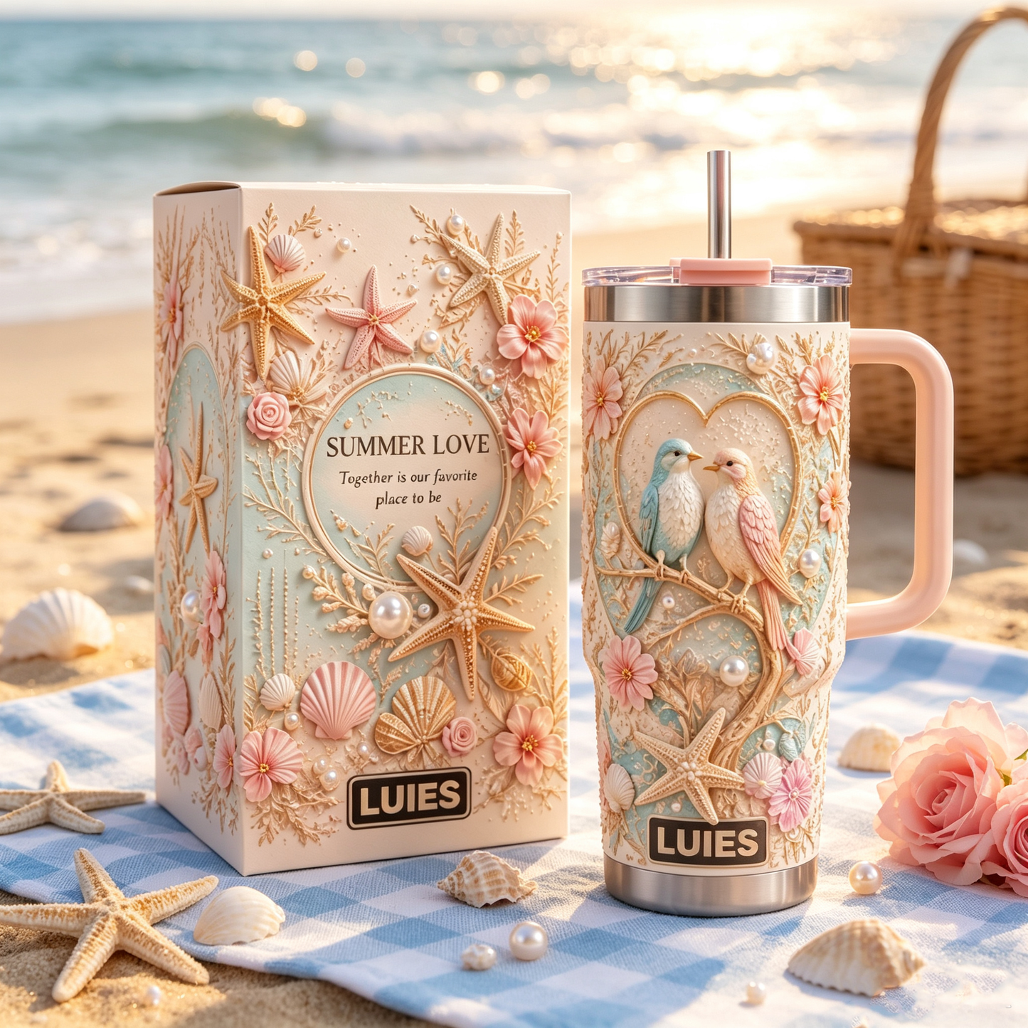 💕 Personalized Summer Beach Love Birds Tumbler – Romantic Coastal Style for Every Sip