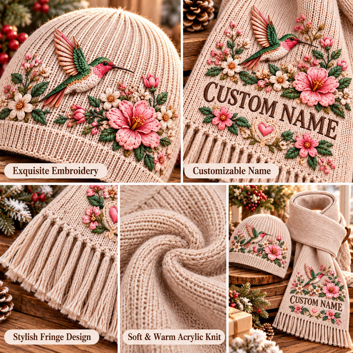 Personalized Floral Embroidered Hummingbird Winter Knit Beanie and Scarf Gift Set 🌸🎁