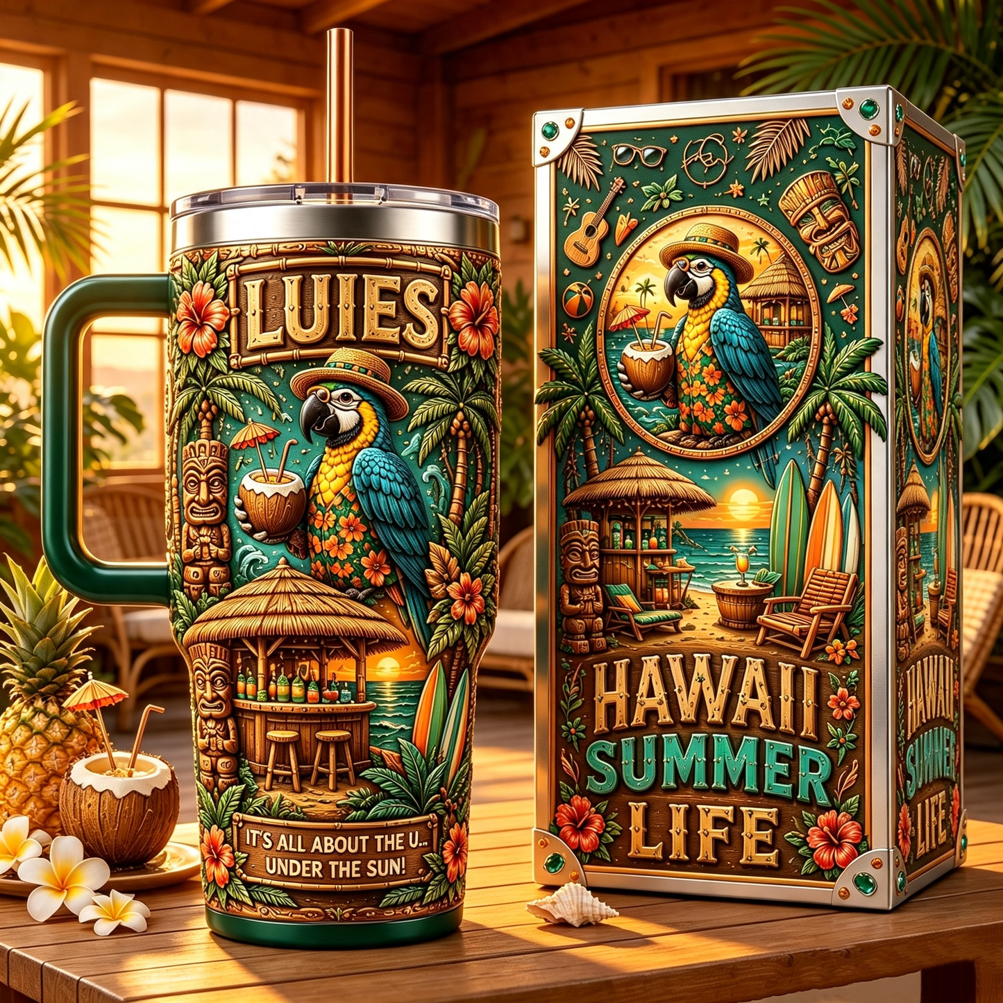 🏖️Personalized Hawaii Summer Life Tropical Parrot Beach 40oz Handle Tumbler🌴🌊