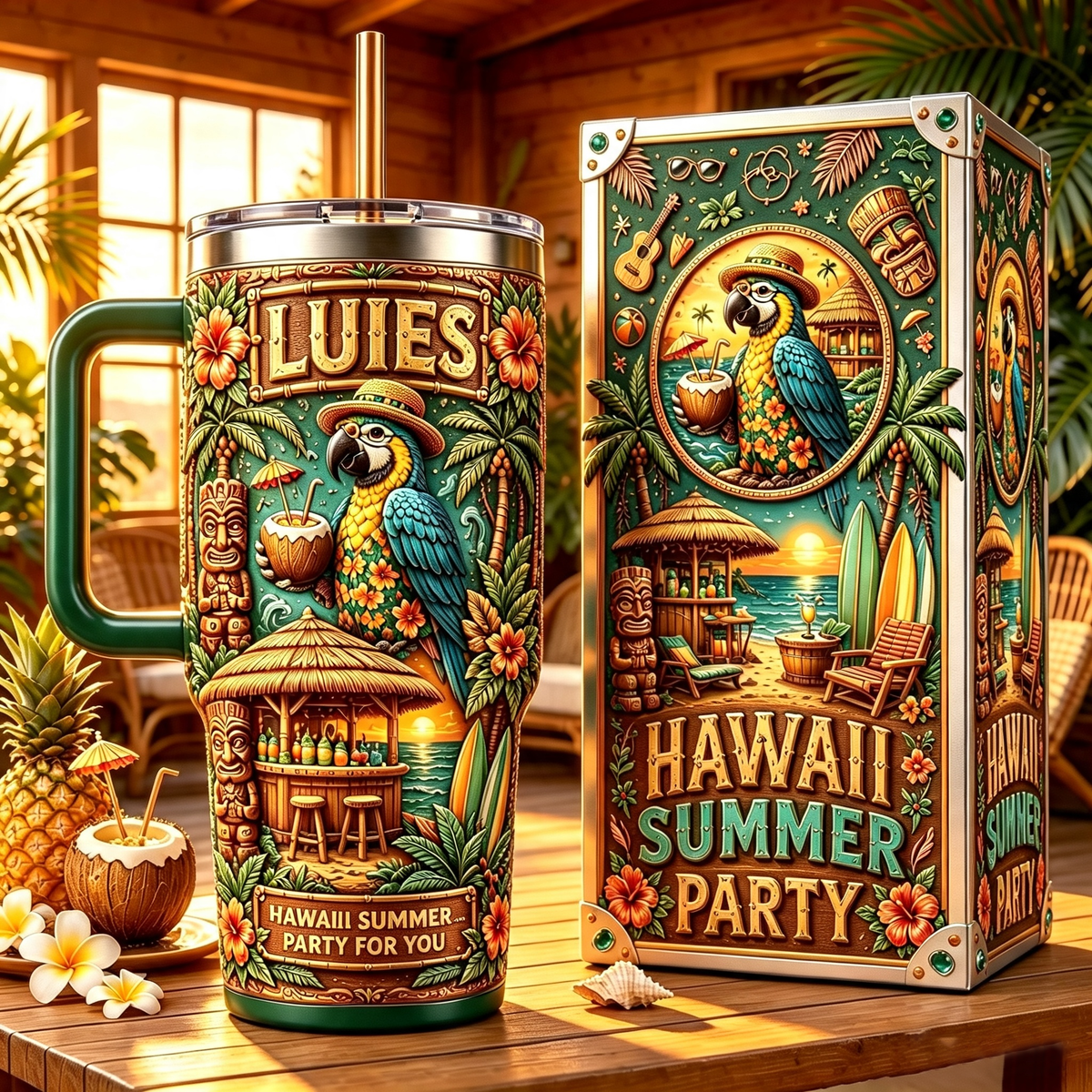 🏖️Personalized Hawaii Summer Life Tropical Parrot Beach 40oz Handle Tumbler🌴🌊