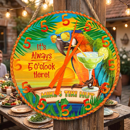 Personalized Handmade Beach Bar Parrot Clock: It's Aways 5 0'clock Here!