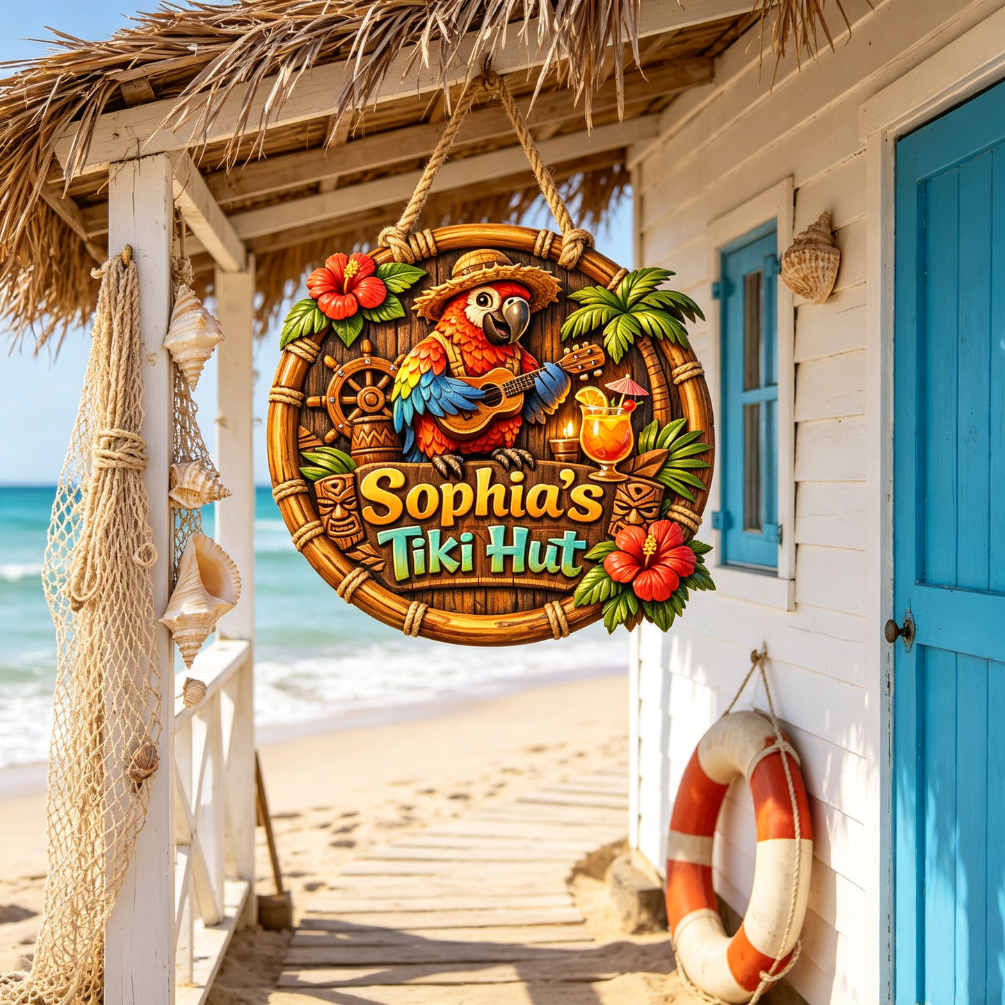 Custom Tiki Bar Tropical Parrot Door Sign, Beach House Welcome Sign