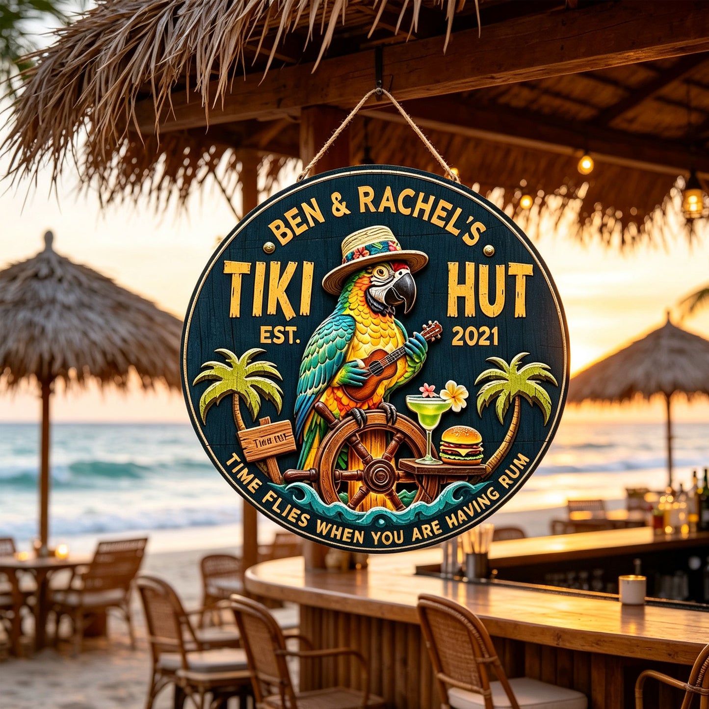 Personalized Tiki Bar Wood Signs: Parrot playing guitar