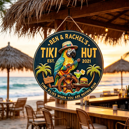 Personalized Tiki Bar Wood Signs: Parrot playing guitar