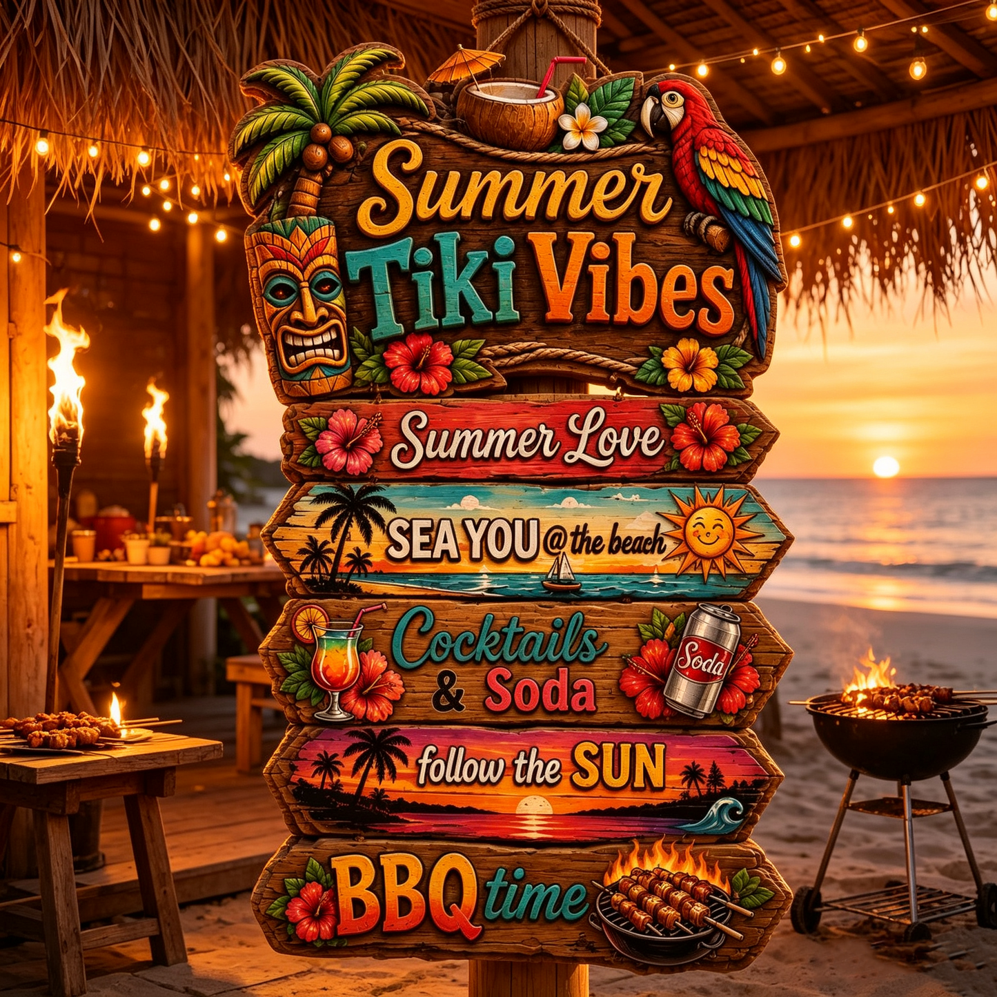 Summer Tiki Vibes Directional Sign Tropical Beach Party Wooden Decor