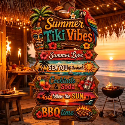 Summer Tiki Vibes Directional Sign Tropical Beach Party Wooden Decor