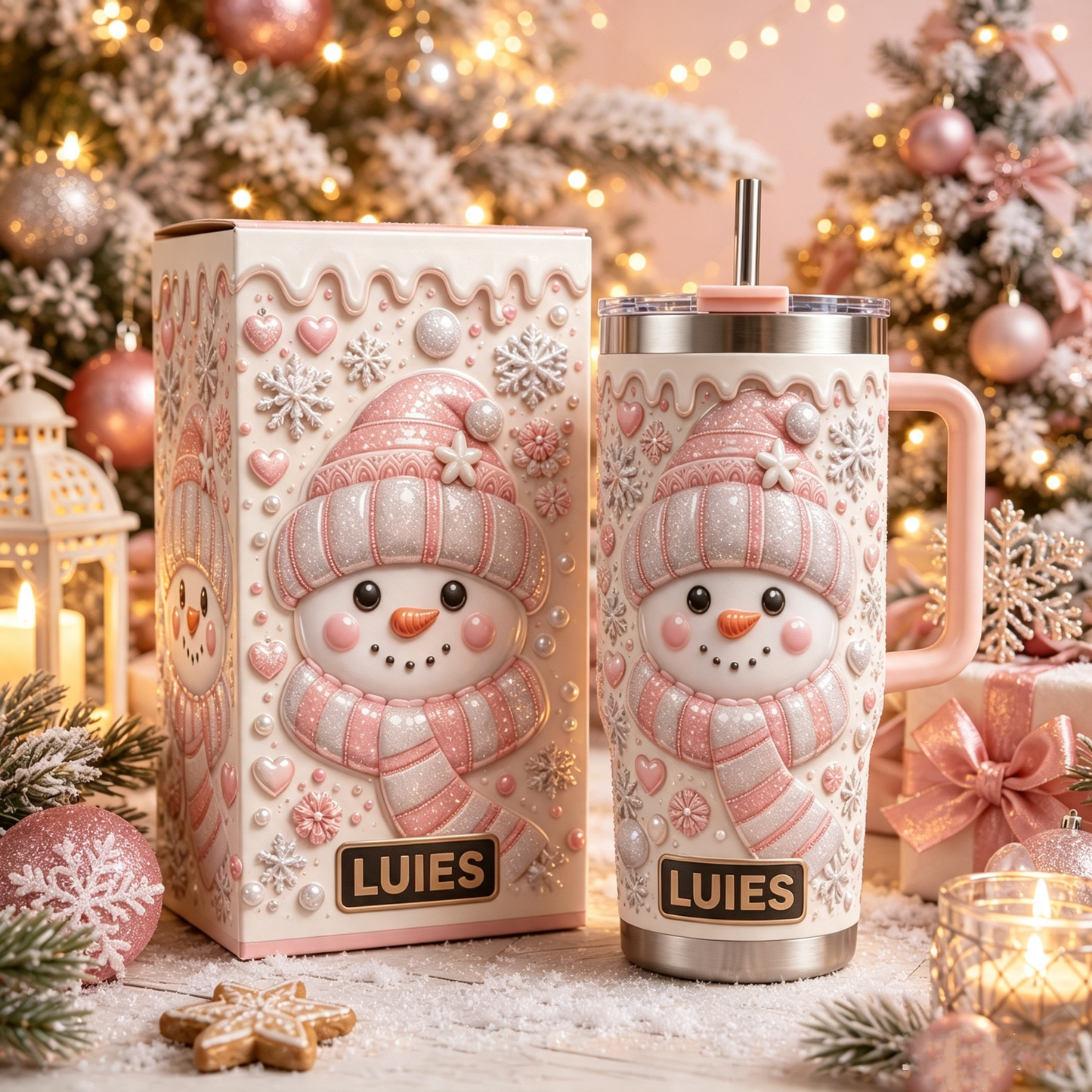 ⛄ Personalized Pink Snowman Tumbler – Sweet Winter Magic in Every Sip