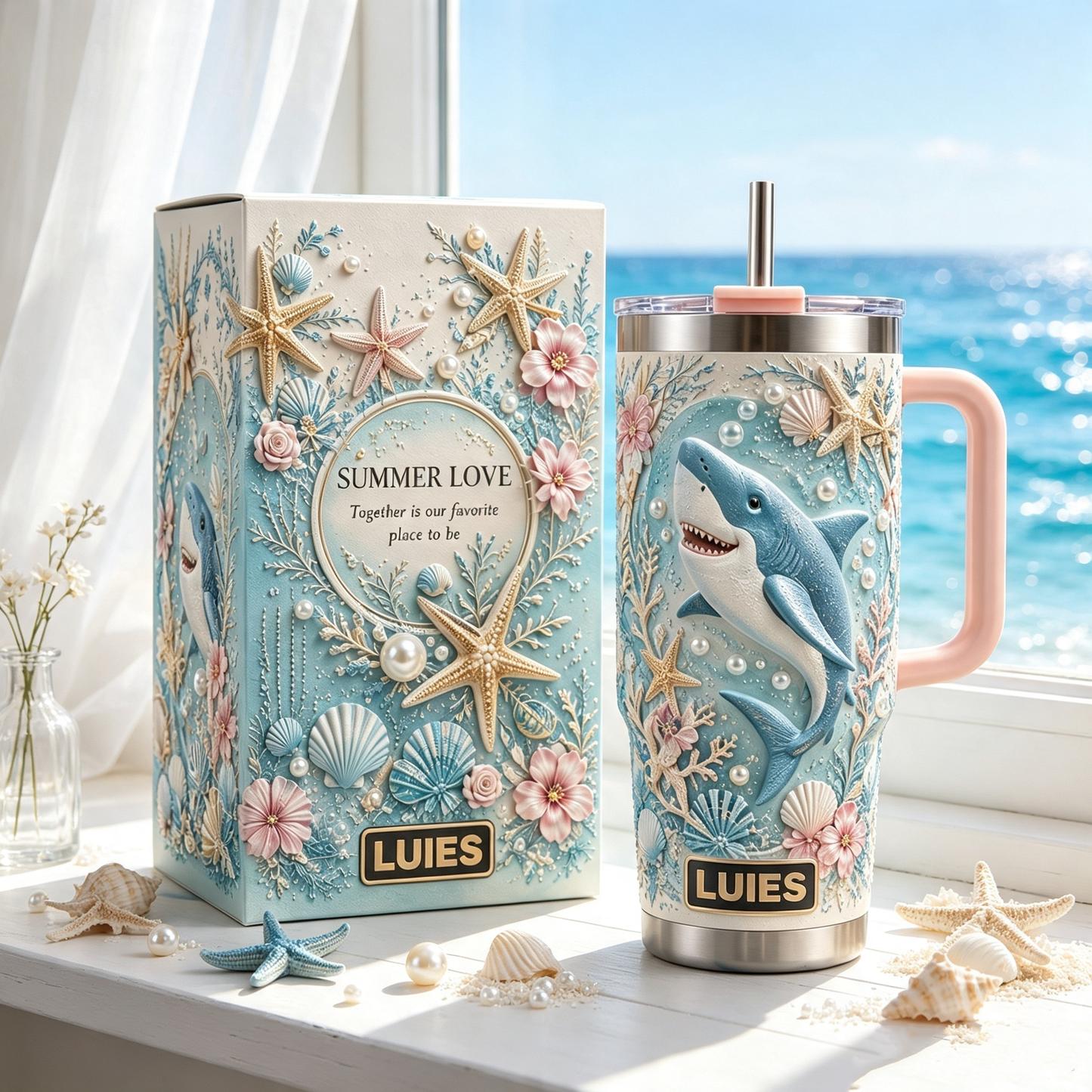 🦈 Personalized Summer Beach Shark Tumbler – Ocean Vibes in Every Sip