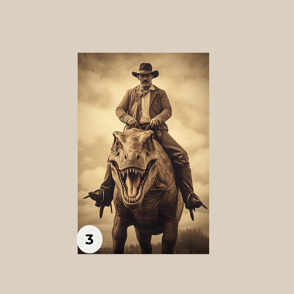 Custom Vintage Portrait: A Western Cowboy Riding a Dinosaur
