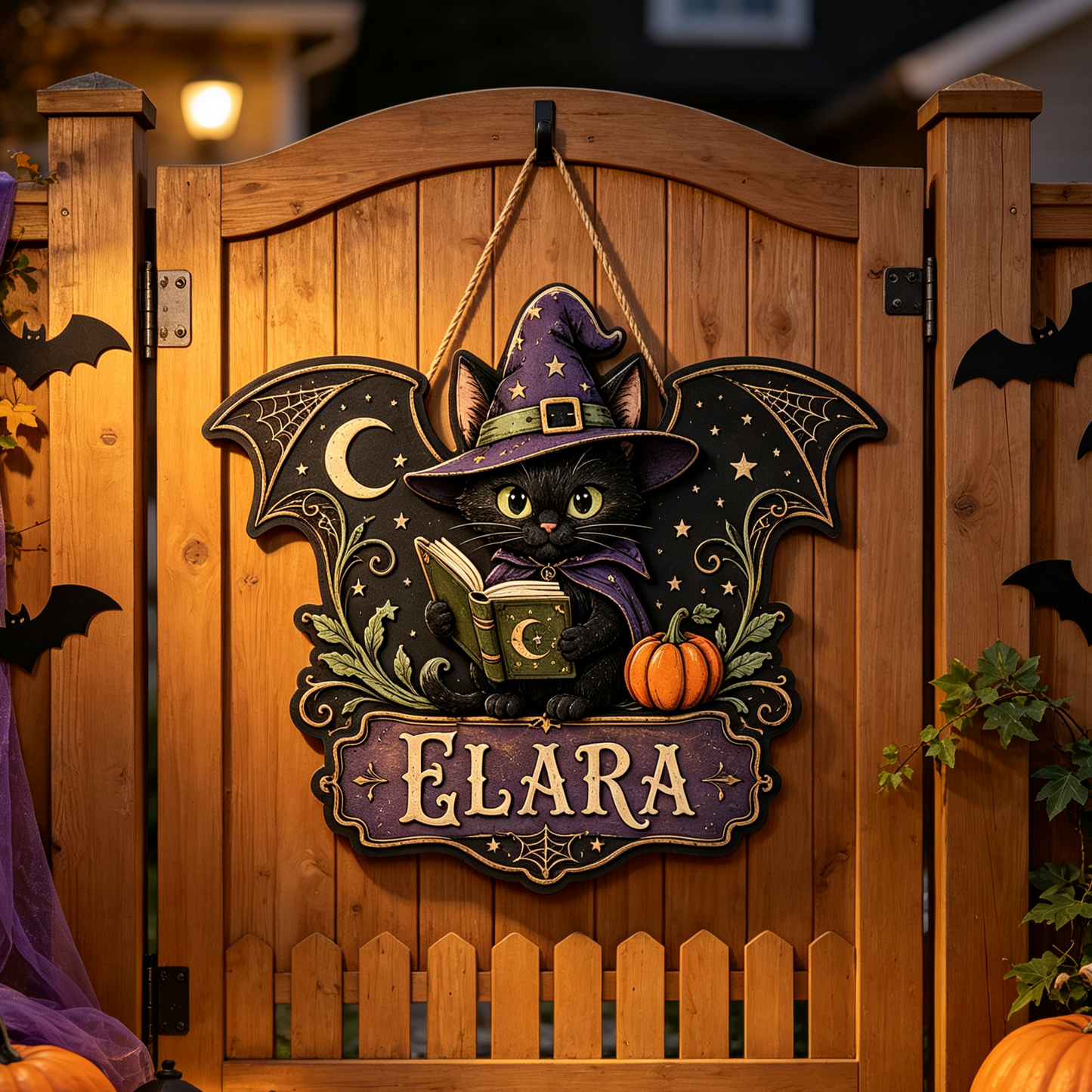 Custom Witch Cat Halloween Door Hanger with Name