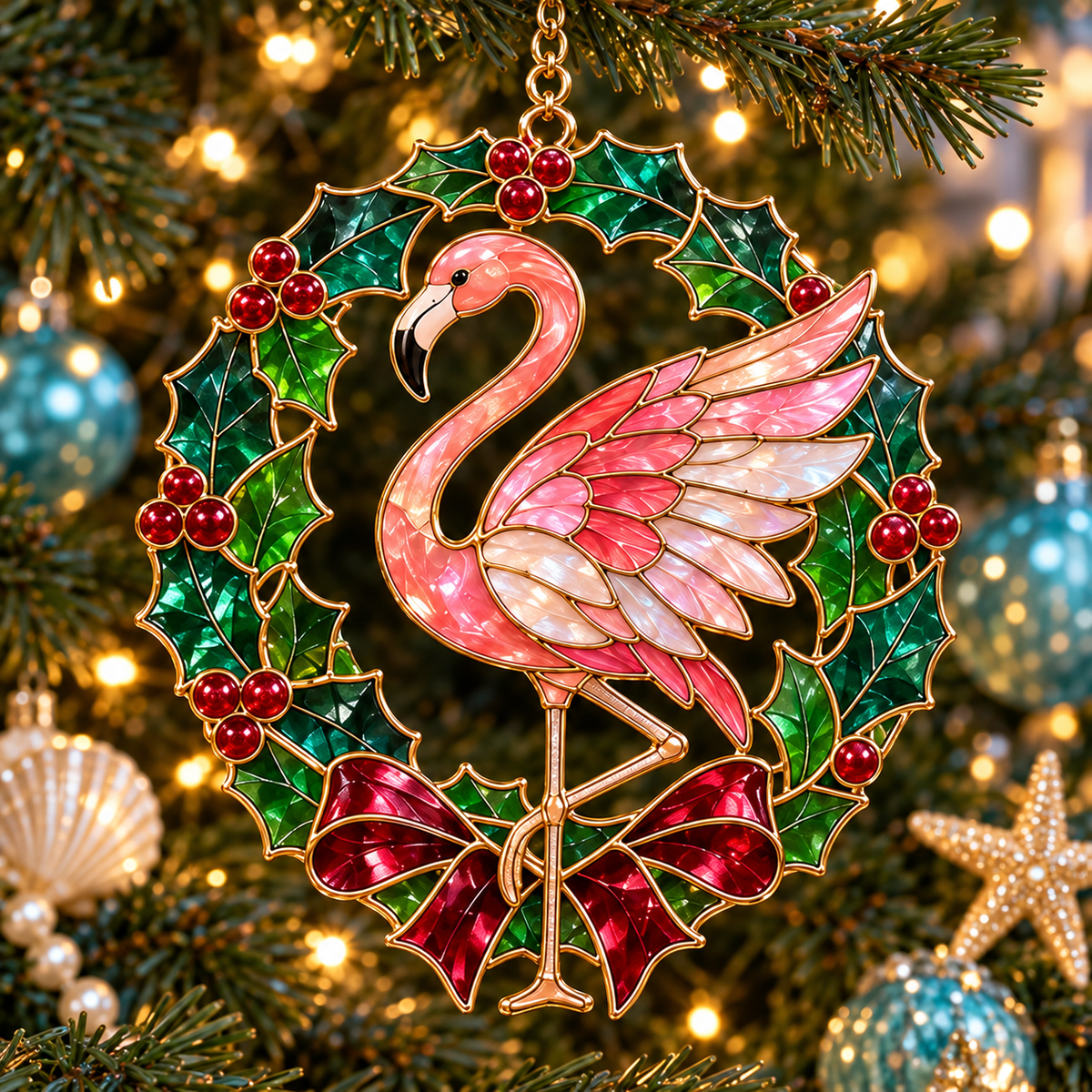 🦩 Coastal Christmas Flamingo Ornaments – Vintage Stained-Glass Style🎄