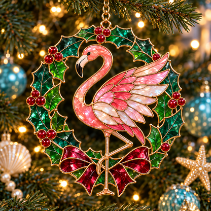 🦩 Coastal Christmas Flamingo Ornaments – Vintage Stained-Glass Style🎄