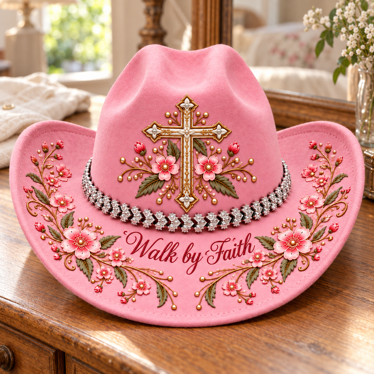 Walk by Faith 🌸 Women’s Pink Floral Cross Cowboy Hat
