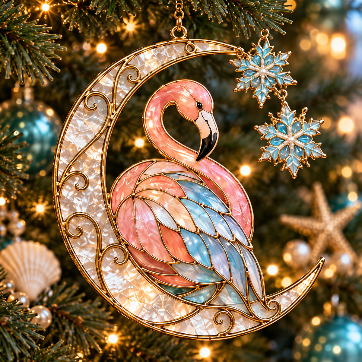 🦩 Coastal Christmas Flamingo Ornaments – Vintage Stained-Glass Style🎄