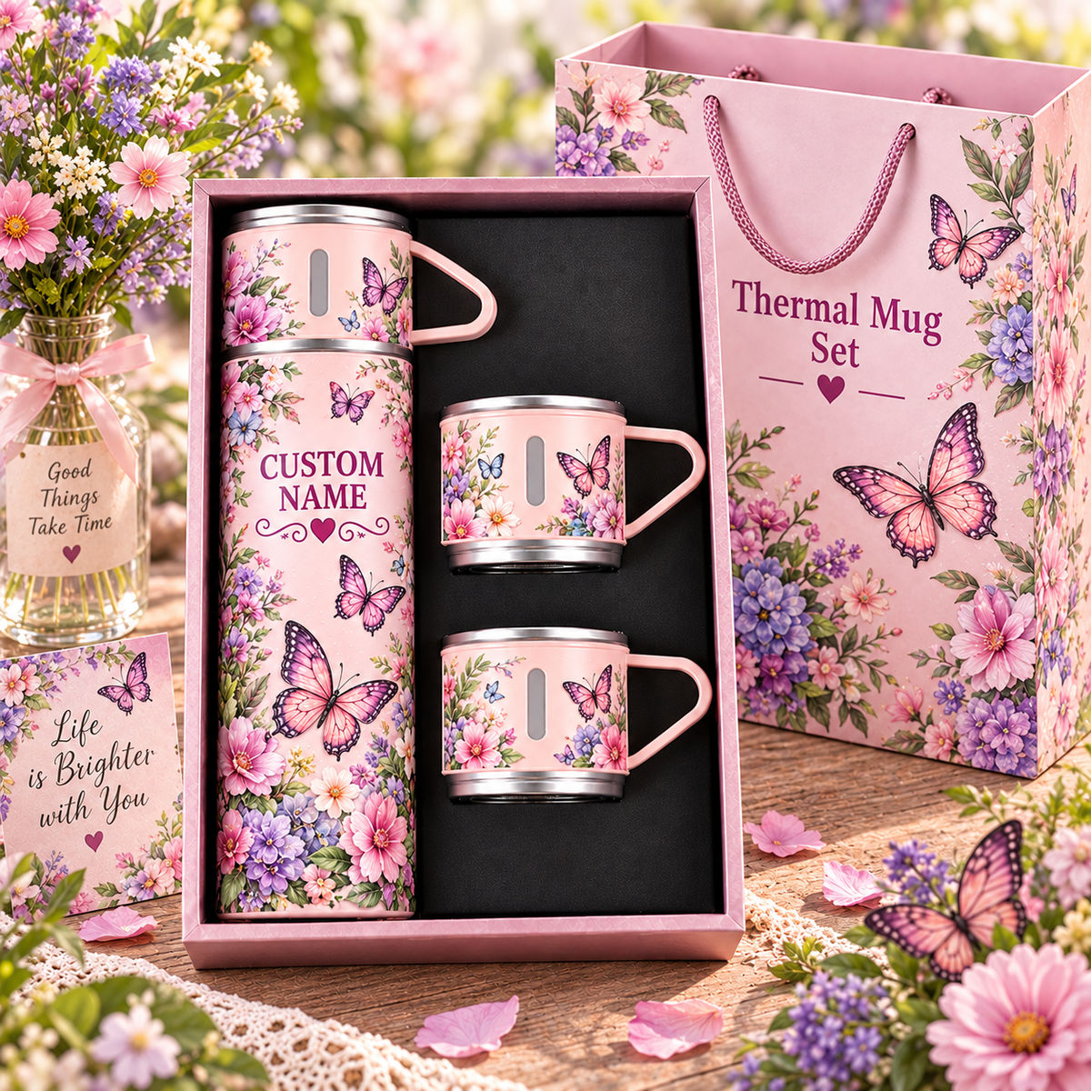🌸 Personalized Floral Garden Thermal Bottle & Cup Gift Set