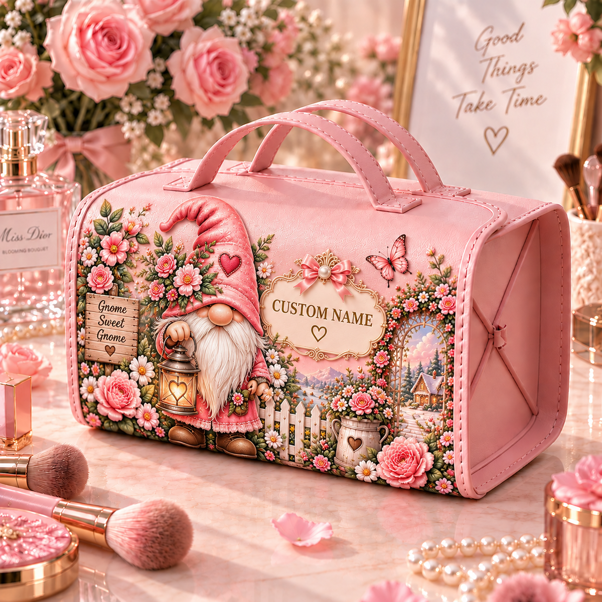 🌸 Personalized Pink Garden Animals Makeup Organizer Bag with Large Capacity Compartments