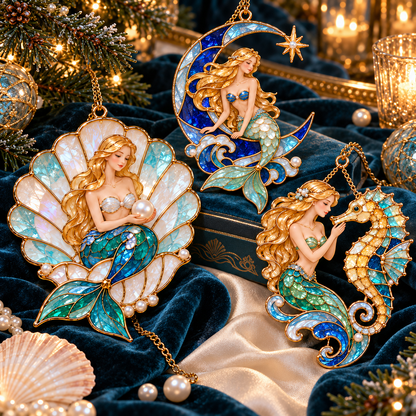 Ocean Enchantment – Vintage Stained-Glass Style Mermaid Christmas Ornaments, Set of 6