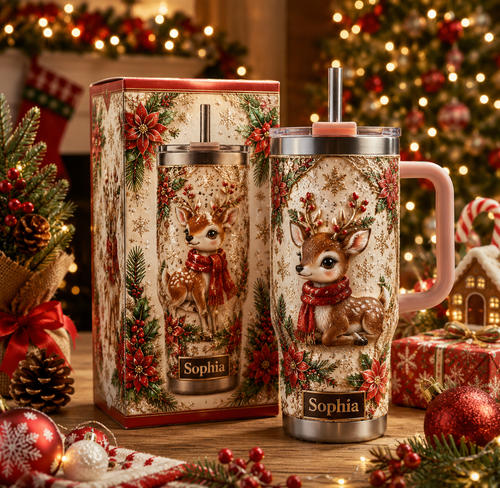 🦌 Personalized Christmas Deer Tumbler - Gift Cup For Her