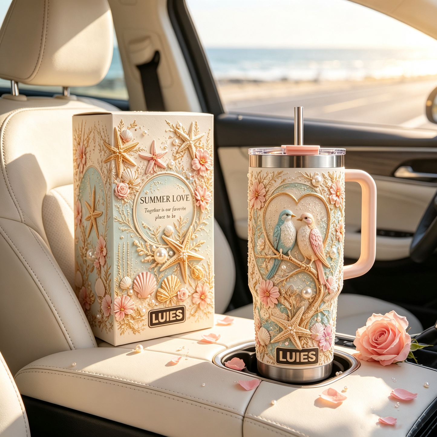 💕 Personalized Summer Beach Love Birds Tumbler – Romantic Coastal Style for Every Sip