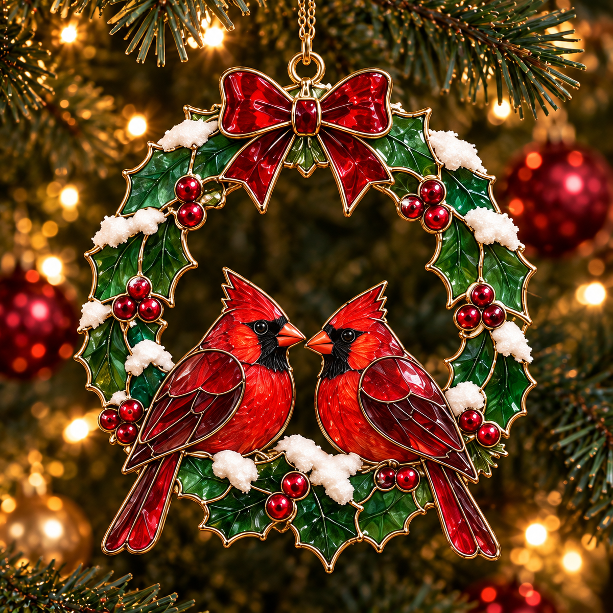 Cardinals of Christmas – Vintage Stained Glass-Style Ornaments, Set of 6