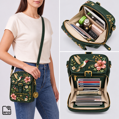 Personalized Hummingbird Crossbody Bag - Custom Name Floral RFID Shoulder Bag 🎁✨