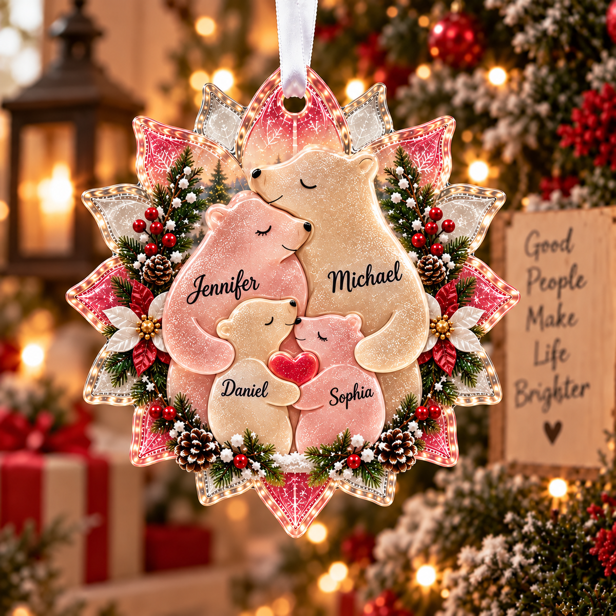 🎄 Personalized Bear Family Sea Glass Christmas Ornament