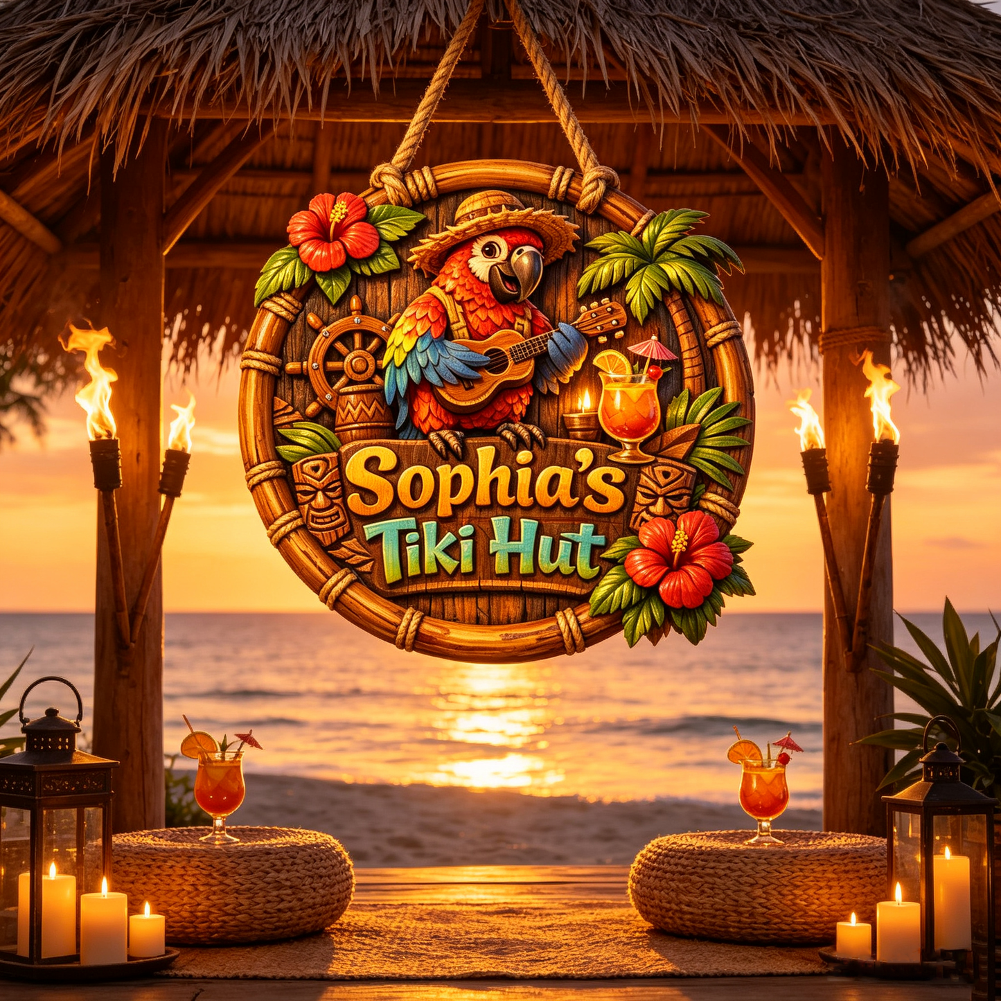 Custom Tiki Bar Tropical Parrot Door Sign, Beach House Welcome Sign