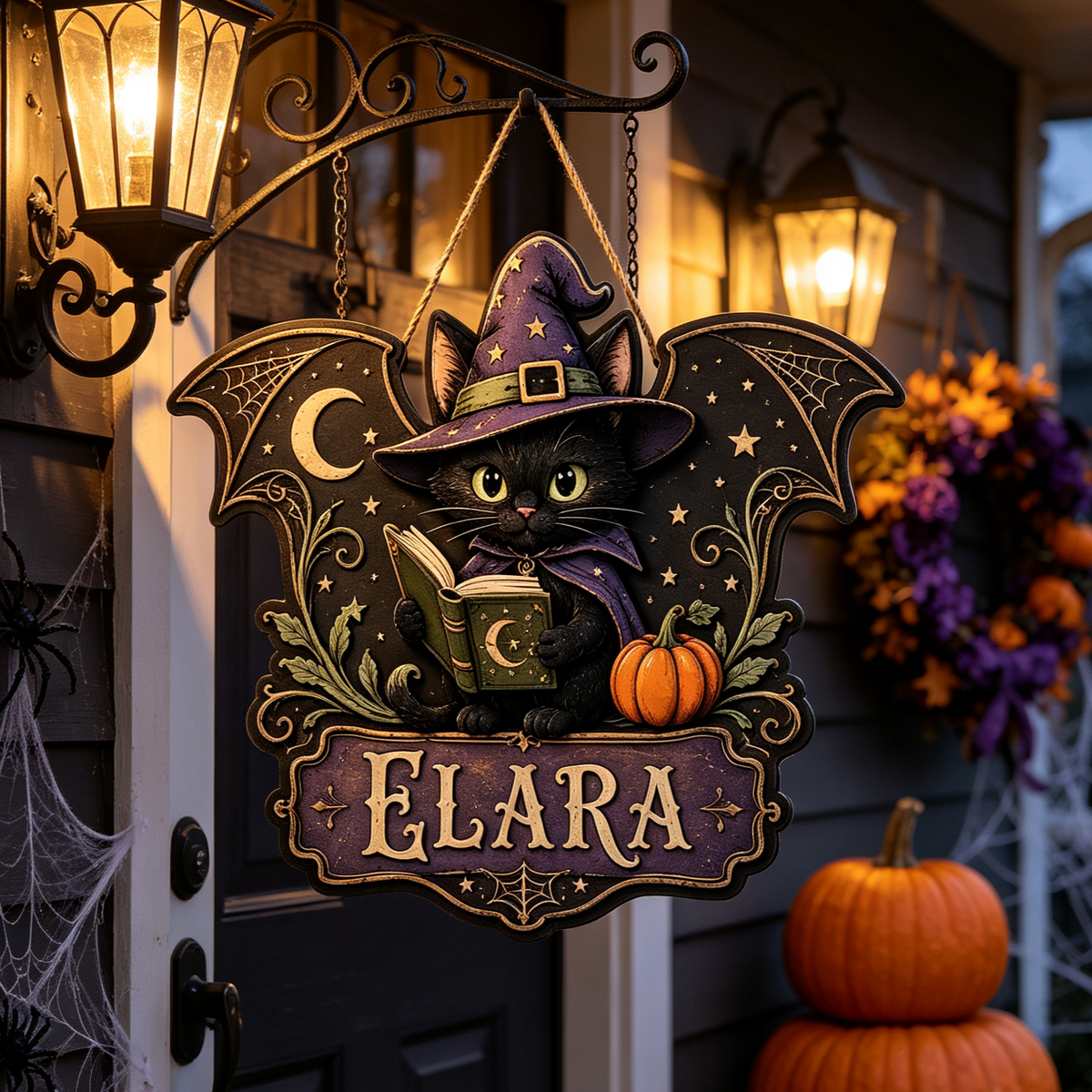 Custom Witch Cat Halloween Door Hanger with Name