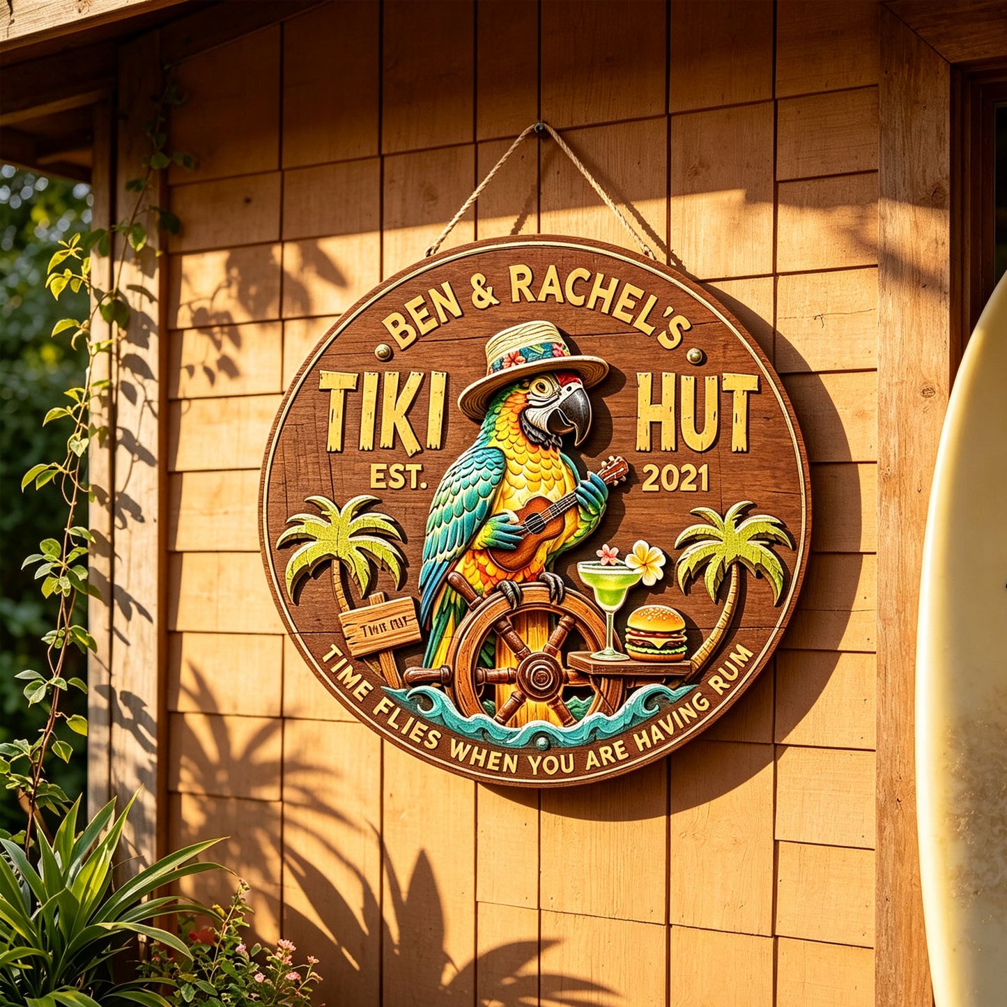 Personalized Tiki Bar Wood Signs: Parrot playing guitar