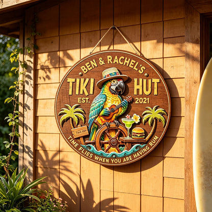 Personalized Tiki Bar Wood Signs: Parrot playing guitar