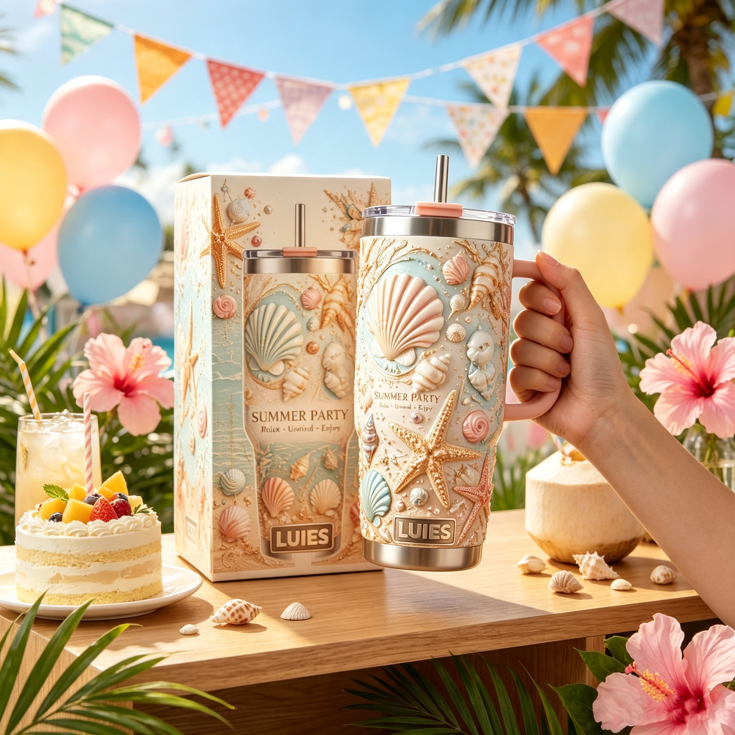 🏖️Personalized Seashell Summer Beach 40oz Handle Tumbler🌴🌊