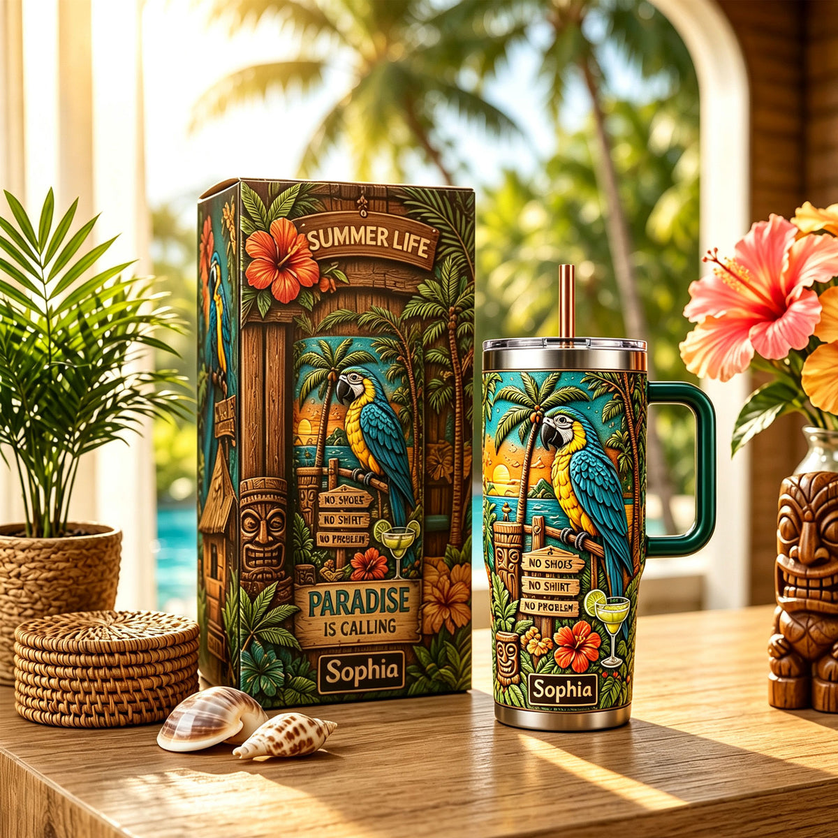 🏖️Personalized Summer Life Tropical Parrot Beach 40oz Handle Tumbler🌴🌊