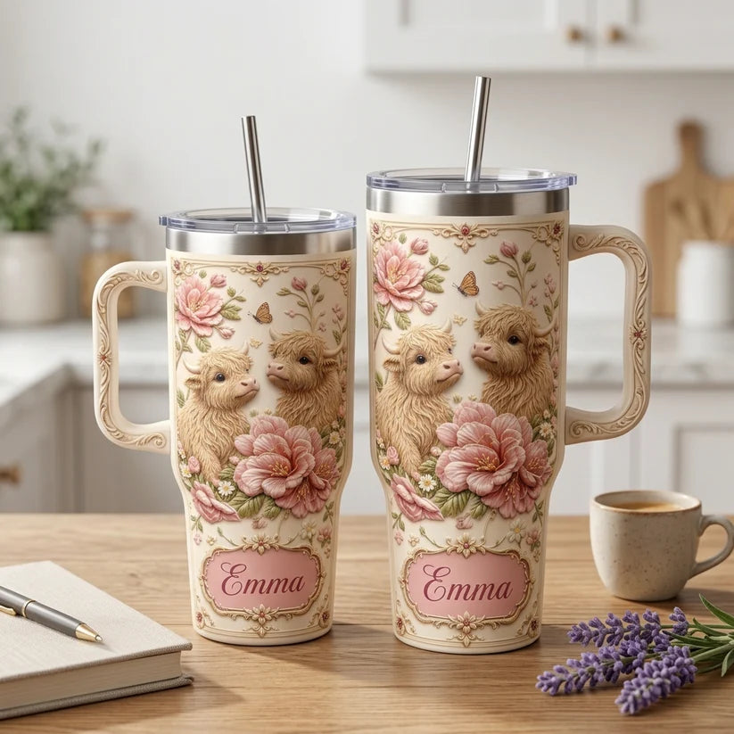 🌺✨ Personalized Highland Cow & Pink Floral Tumbler
