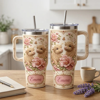 🌺✨ Personalized Highland Cow & Pink Floral Tumbler