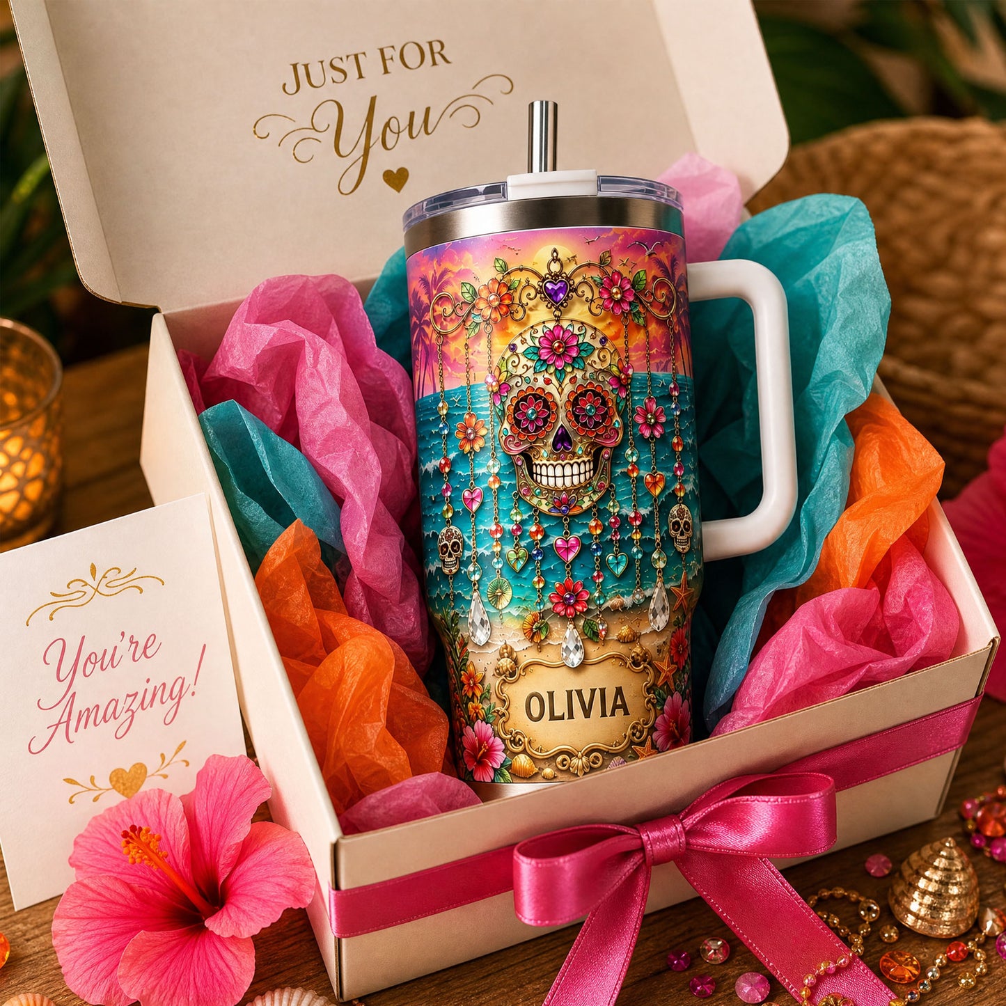Personalized Sugar Skull Beach Tumbler With Name