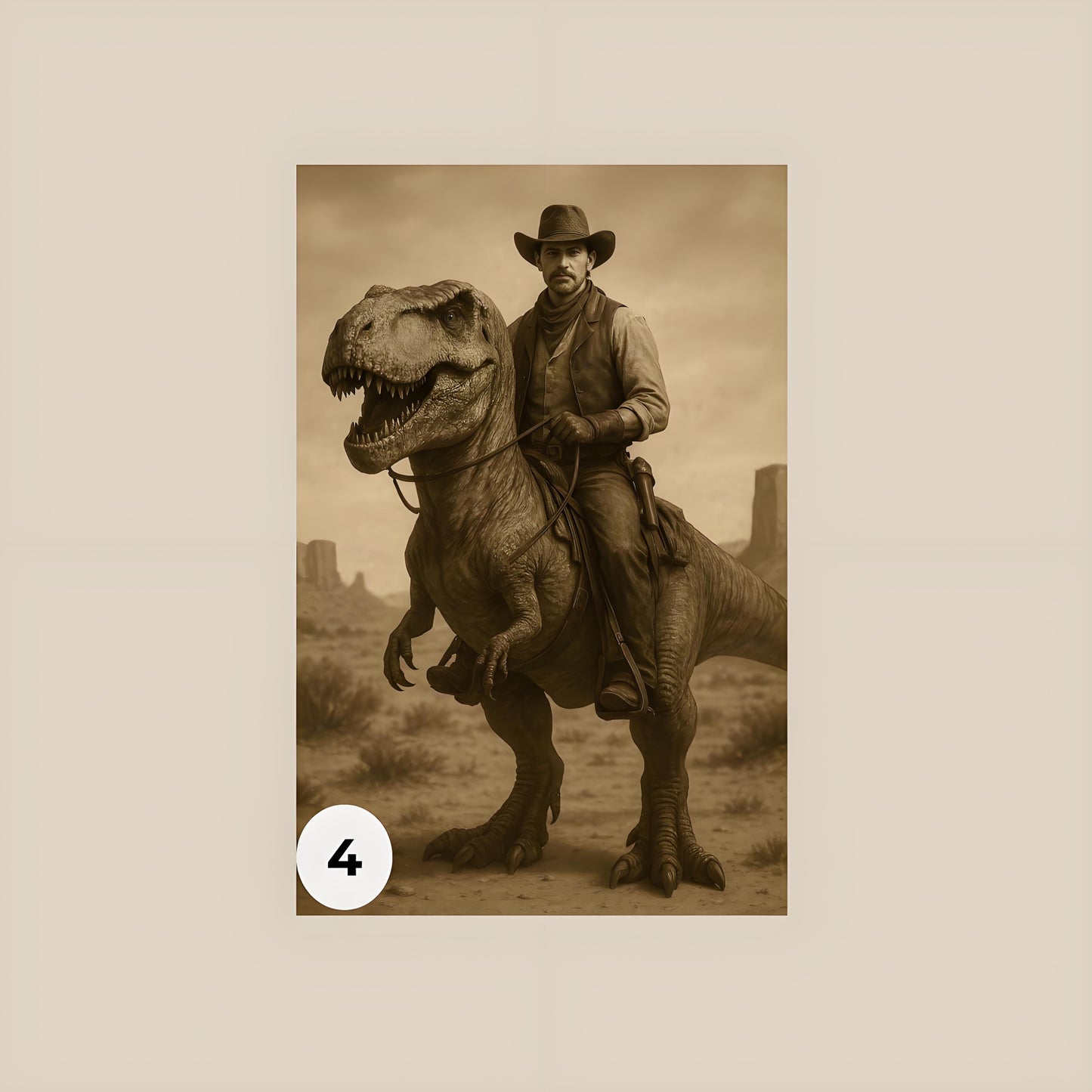 Custom Vintage Portrait: A Western Cowboy Riding a Dinosaur