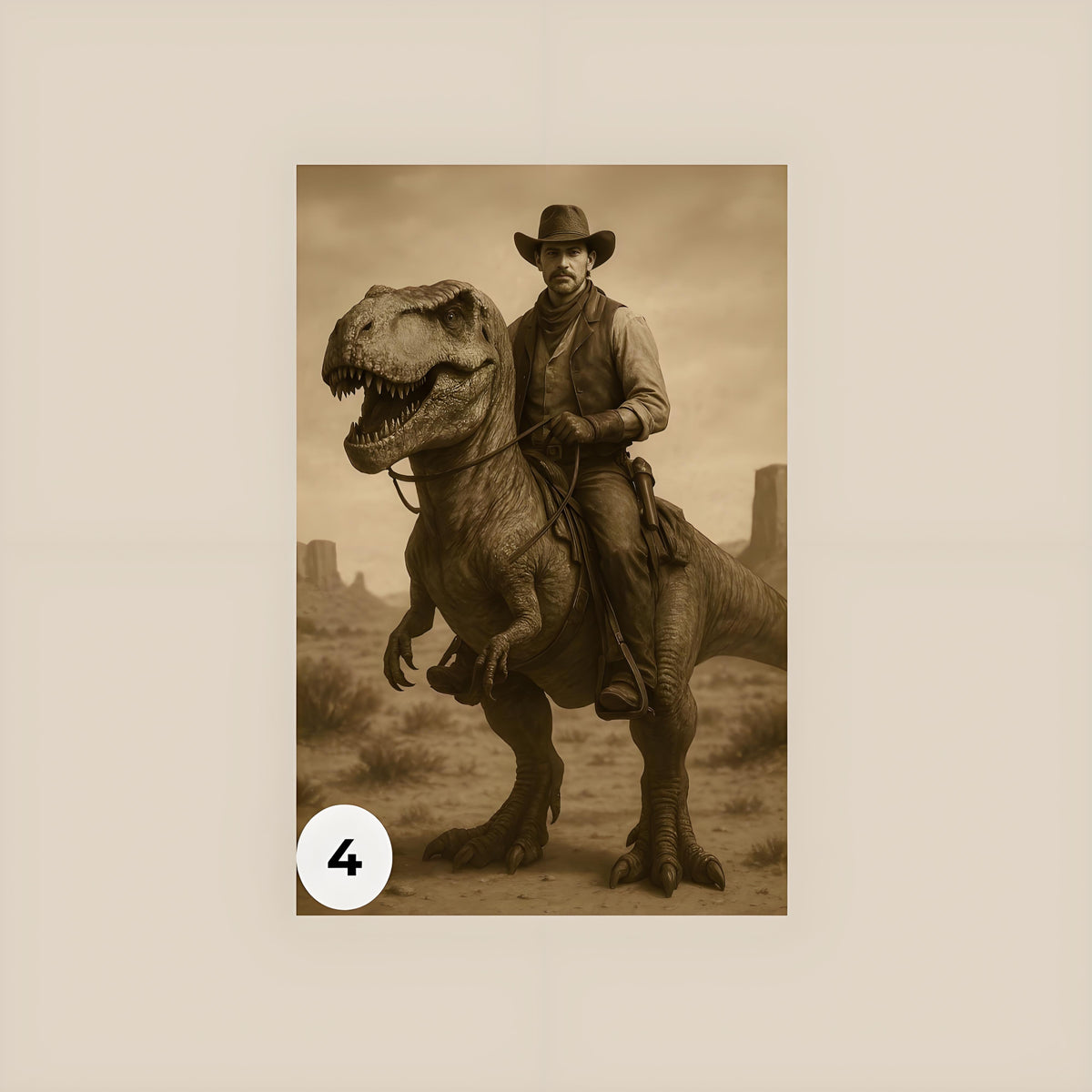 Custom Vintage Portrait: A Western Cowboy Riding a Dinosaur